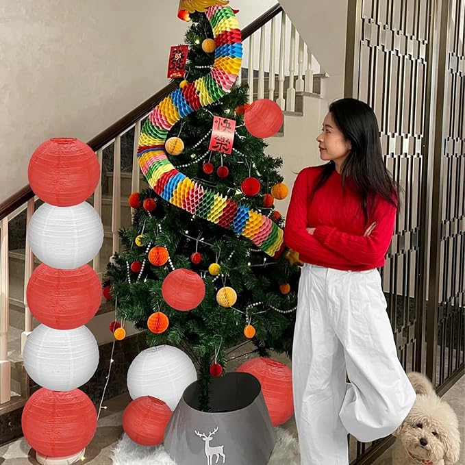 12Pcs Red and White Round Paper Lanterns Assorted Sizes (6" 8" 10" 12") for Lunar New Year 2026, Chinese New Year Decorations, Wedding Birthday Home Decor, Hanging Chinese Japanese Paper Lantern