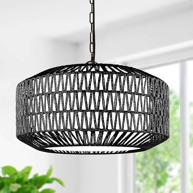 Farmhouse Chandelier Light Fixture, 5-Light Rattan Boho Chandeliers for Dining Room, Hand Woven Pendant Light with Linen Shade, Rustic Hanging Lighting for Kitchen Island, Bedroom (Bulb Not Included)