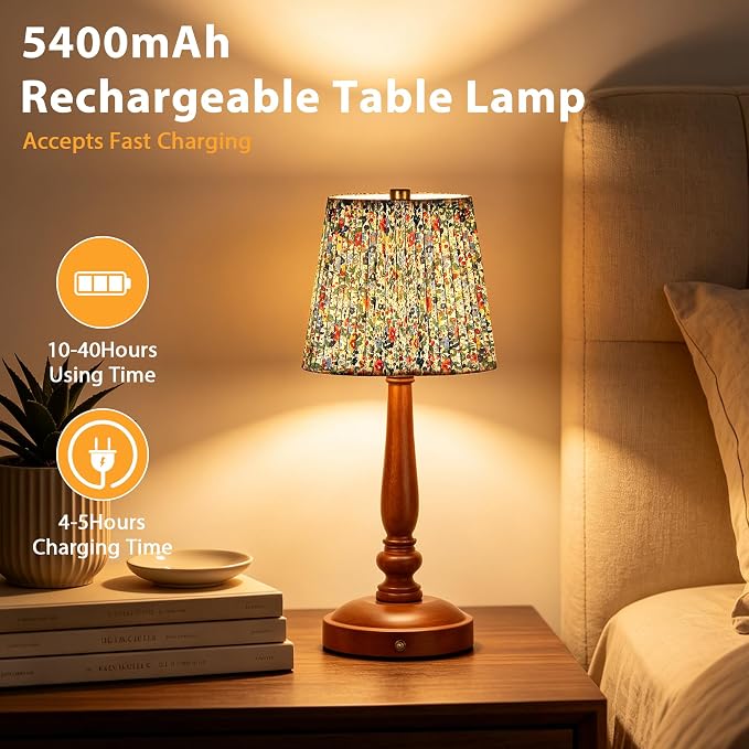 15.5'' Wireless Table Lamp, 5400mAh Rechargeable Small Bedside Touch Lamp | Wood Base, Fabric Lampshade, Built-in LED, 3 CCT, Stepless Dimming, Memory Function, Nightstand Lamp for Bedroom, Living Room