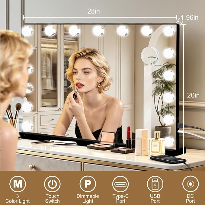Ratsamee Black Hollywood Vanity Mirror with Lights, 17 Dimmable Bulbs, 3 Color Lights,Make Up Lighted Mirror, Aluminum Metal Frame, USB Charging Port（28" x 20"）