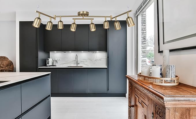 8 Light Modern Track Lighting Fixtures, Matte Brass Center Rotatable Bar Ceiling Spotlight, Foldable Arms Track Lighting Kit for Kitchen,Dining,Living Room Bedroom,GU10 Bulb Not Included