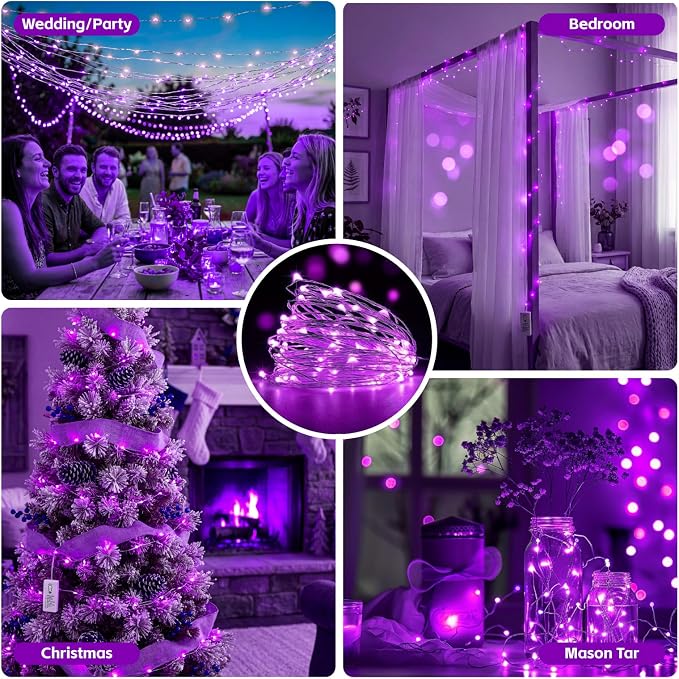 6 Pack Rechargeable Fairy Lights,7ft 20LEDs, Remote & DIY Timer | Dimmable Silver Wire, Mini Twinkle Lights, For Mason Jar, Indoor Christmas Bedroom Wedding Decor, Purple
