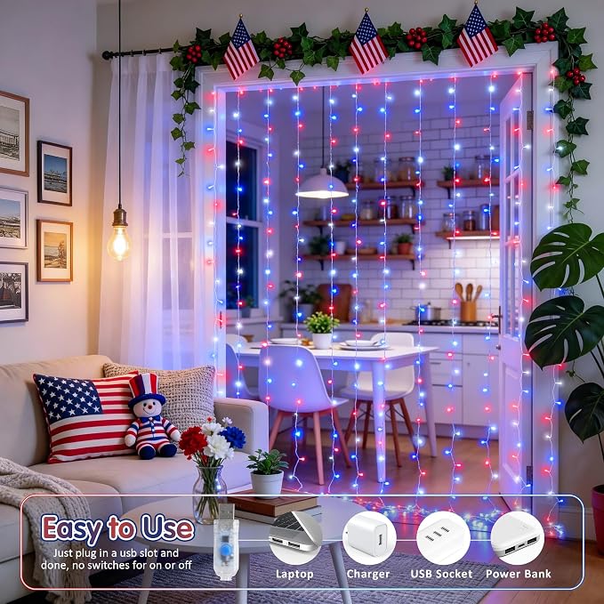 JMEXSUSS 200 LED Red White and Blue Curtain Lights, 6.5ft x 6.5ft | 4th of July Lights USB Plug in, 8 Modes Patriotic Hanging String Lights with Remote for Memorial Day Independence Day Decor