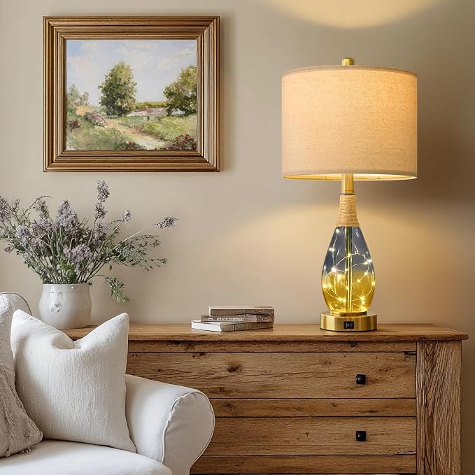 23" Table Lamps for Living Room Set of 2,Bedside Lamps for Night Stands, Rattan Lamps for Bedroom,Farmhouse Lamps with Glass Nightlight,Two Light Points