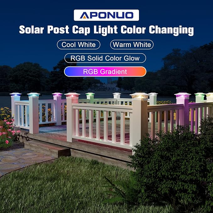 APONUO Solar Post Cap Lights with 8 RGB Solid Colors & Multicolor Flow - 8 Pack Fence Post Solar Lights, IP65 Waterproof - Fits 4x4 5x5 6x6 Wood & Vinyl Posts - White