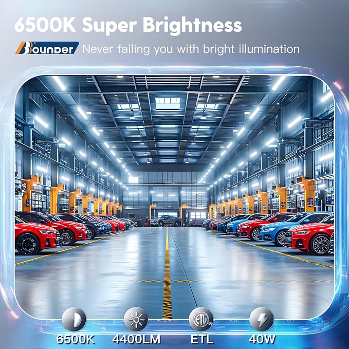 BBOUNDER 4Pack 4FT LED Shop Light, Reflector, 6500K Linkable, 40W=250W ETL | 4400LM, Surface or Hanging Mount, 48 Inch Utility Super Bright Shop Lights for Garage Workshop Car Detailing & DIYers, White