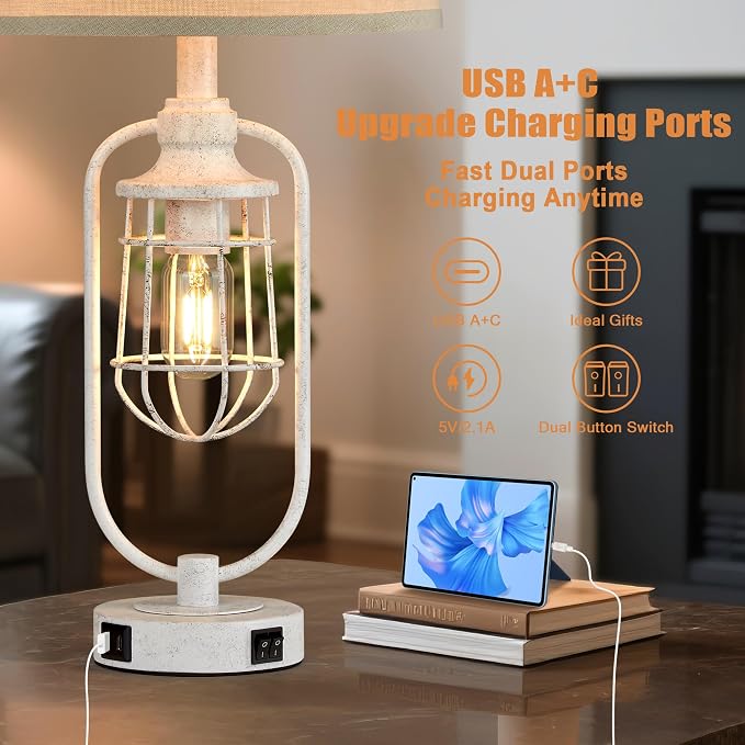 Farmhouse Table Lamps for Living Room Set of 2, Lamps for Night Stands Set of 2, Industrial Bedside Lamps for Bedroom Nightstand with USB A+C, Bulbs Included