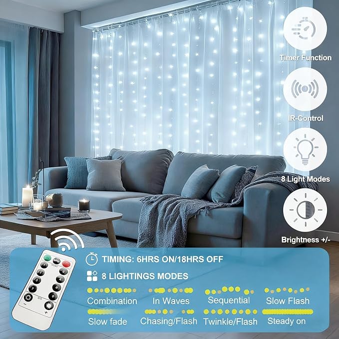Fairy Curtain Lights Upgraded Tangle-Free Cool White USB Plug in 8 Modes String Hanging Lights with Remote for Christmas, Bedroom, Indoor, Outdoor, Weddings, Party (10FTx10FT)