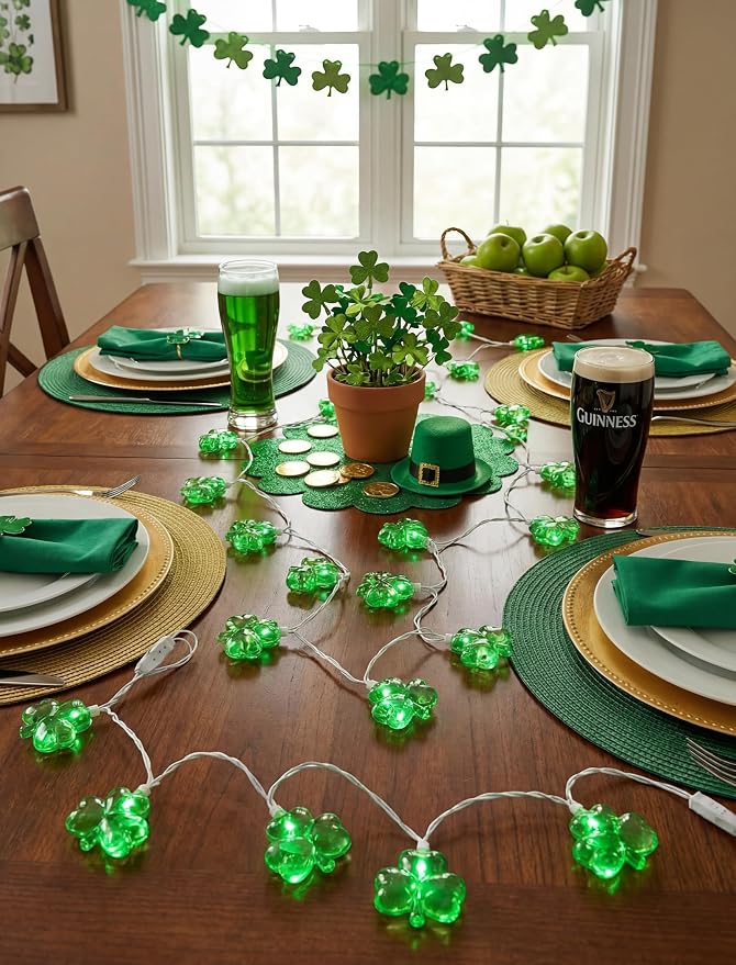 Shamrock String Lights, 8.5Ft St Patrick's Day Decorations with 10 3D Green Clover Lights, Plug in Clover Fairy String Lights for Party Bar Garden Bedroom Party Irish Holiday Decor