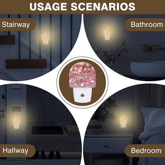 Night Lights Plug into Wall Rose Pink Glitter Night Light Dusk to Dawn Smart Sensor Decorative Round Led Lamp for Bedroom Kitchen Hallway Nightlight for Women Men