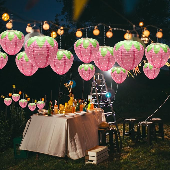 4 PCS Strawberry Paper Lantern Pink, Windspeed Large Strawberry Lantern Decorations Hanging Paper Lantern for Strawberry Party Decor 3D Strawberry Paper Lanterns 8 inch, 12 inch