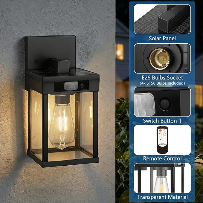 Solar Wall Lanterns Outdoor with 3 Lighting Modes & Motion Sensor, 2 Pack | Dusk to Dawn Solar Wall Lantern Fixture, Waterproof, 4 Bulbs Included, Exterior Front Porch for Garage Patio Yard Garden