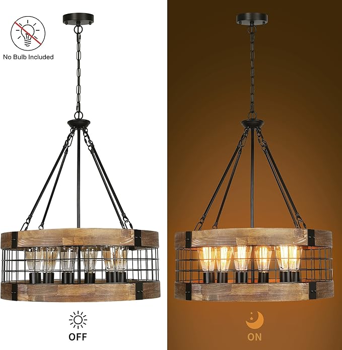 6-Light Farmhouse Chandelier for Entryway, Rustic Dining Room Light Fixtures, Industrial Drum Hanging Lighting for Kitchen Island Foyer, Black Wood and Black Metal Finish