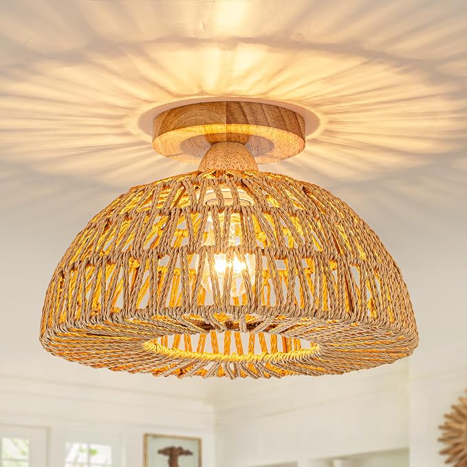 Boho Ceiling Light Fixtures,Rattan Light Fixture,Small Boho Chandelier Hand Woven Ceiling Light with Wooden Base,Rattan Flush Mount Ceiling Lights for Bedroom Hallway Kitchen Entryway Nursery