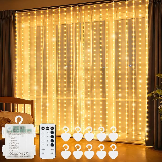 echosari Curtain Lights Battery Operated 9.8 x 9.8Ft with Timer Warm White | 300 LED Fairy Lights for Bedroom Wedding Backdrop Indoor Christmas Decor