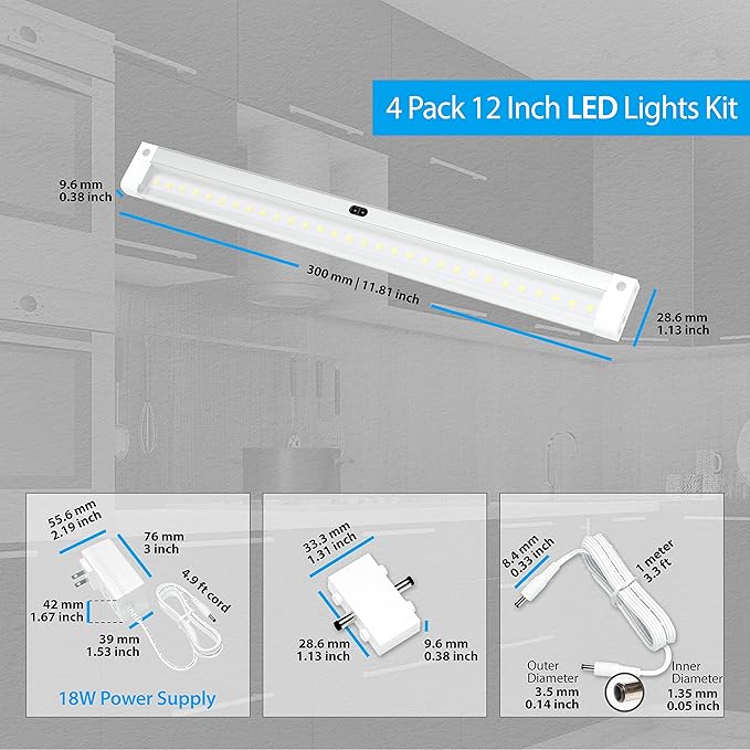 EShine Hand Wave Activated Under Cabinet LED Lighting Kit, Dimmable, 4-Pack 12 in - Touchless Dimming Control, White Under Counter Lights for Kitchen, Garage, Office, Desk - Warm White (3000K)