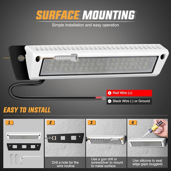 Nilight 1PC 13 Inch RV Exterior Light White Beam for RV Trailer Camper SUV | 1PC LED porch scene cargo light, white aluminum housing, 12V 24V waterproof for RVs trailers campers 5th wheels