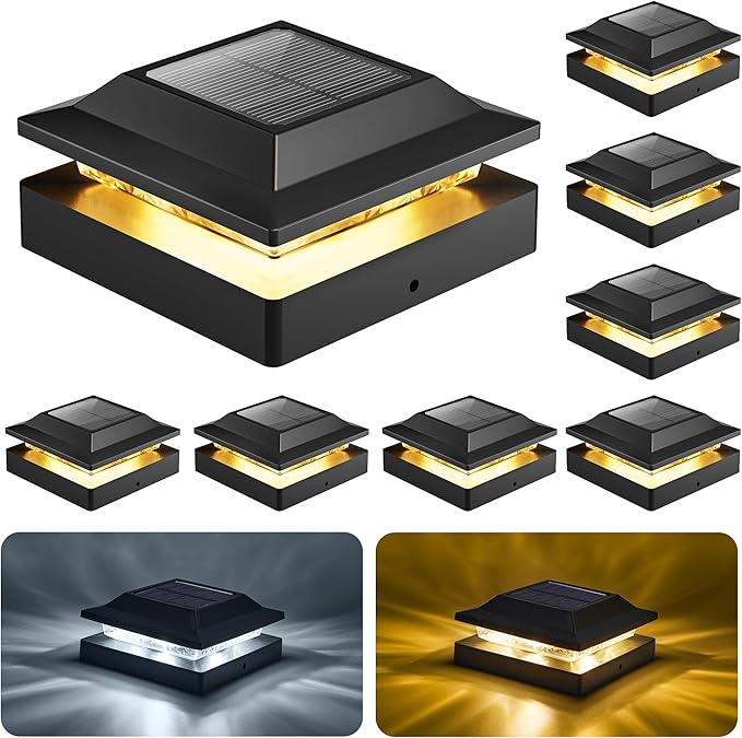 Brightown Solar Post Cap Lights Outdoor 8-Pack, Waterproof Fence Post Solar Lights for 4x4 Wood/Vinyl Posts, 16 LED Deck Post Lights with 2 Color Modes Decorate Patio Porch Garden