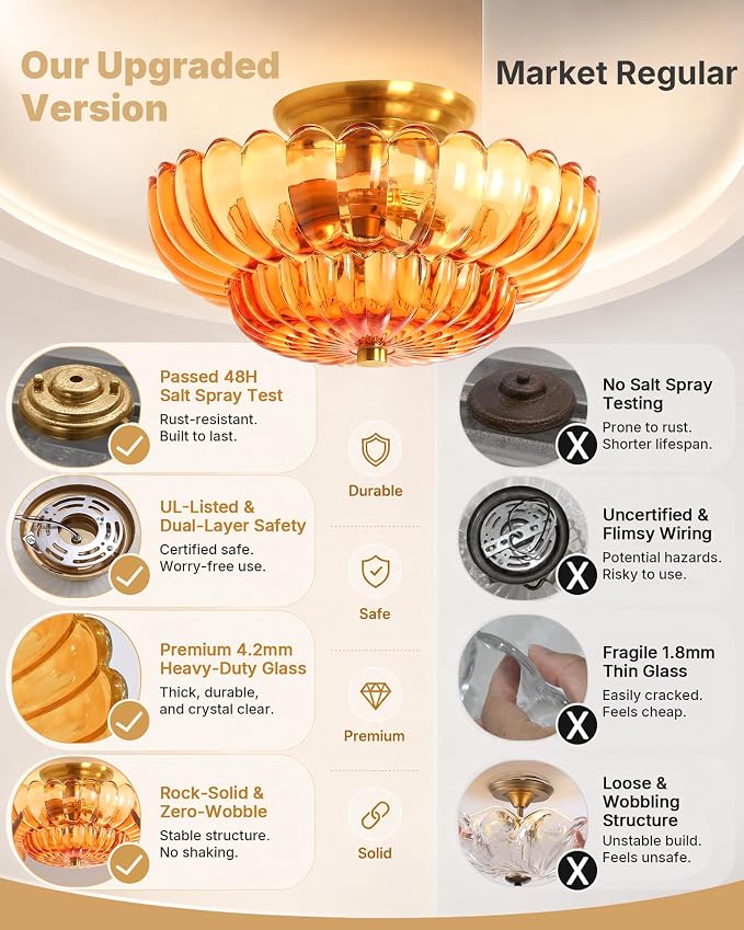 Semi Flush Mount Ceiling Light Fixture 14" Vinatge Gold Ceiling Lights Mid Century Modern Orange Glass Close to Ceiling Lighting Fixtures for Bedroom Hallway Kitchen Laundry Room Bathroom