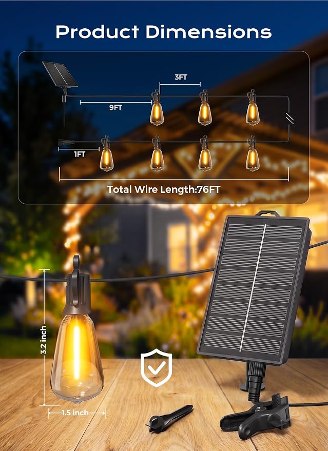 Brightown 76FT Solar String Lights Outdoor Waterproof, 26Hrs Runtime | 23+1 LED Bulbs, USB & Solar Powered, Remote Control & Dimmable Timer, Ideal for Backyard, Garden, Camping & Party Decor