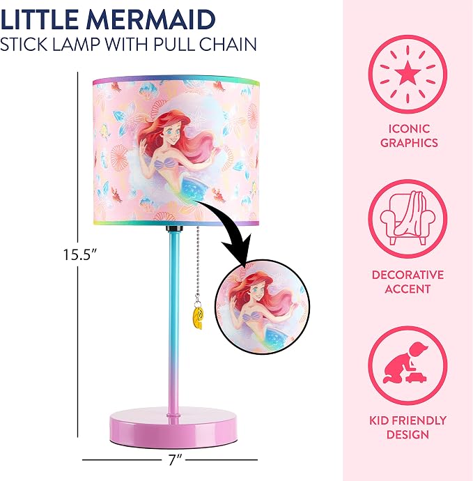 Little Mermaid Ariel Stick Table Lamp for Kids with Pull Chain
