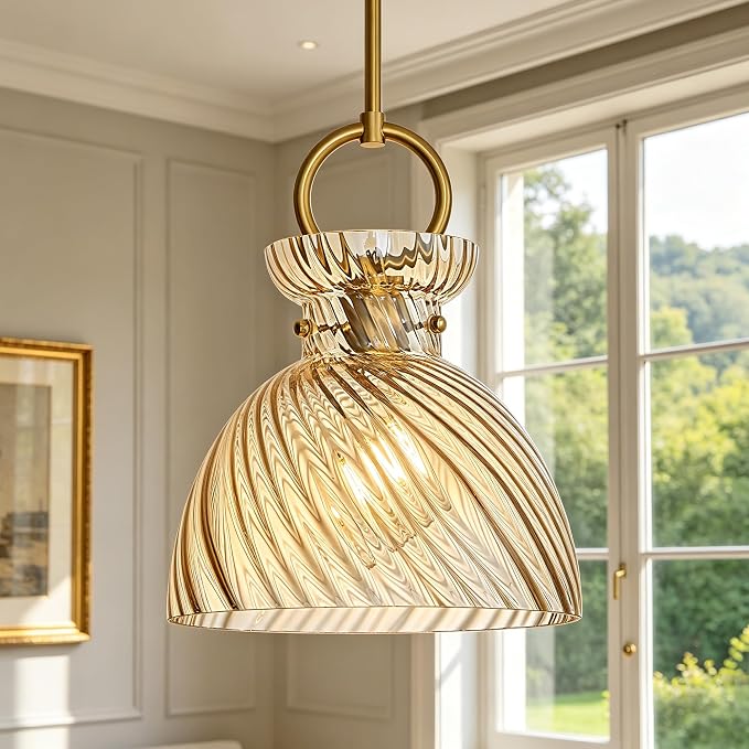 Gold Pendant Light Kitchen Island 9.84'' Striped Amber Glass Shade | Modern Pendant Lighting Over Sink, Adjustable Hanging Ceiling Light, E26 Dimmable Hardwired for Dining Room Hallway, 1-Pack