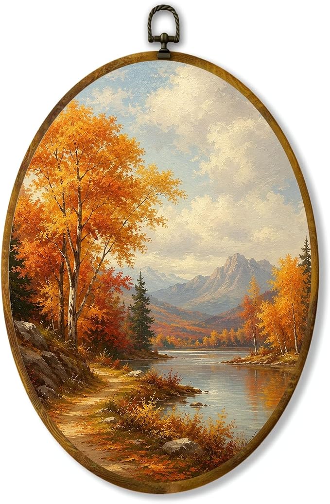 Autumn Mountain Lake Oval Wall Art, Framed Canvas Decor, 8.5x11.5 Inch | Golden trees, mountain lake, lakeside path and peaceful nature farmhouse decor