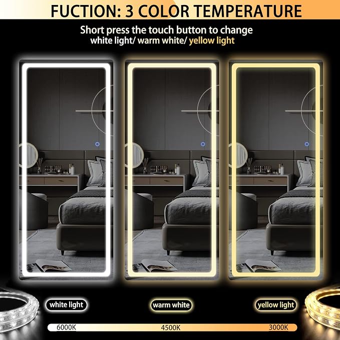 Hasipu Full Length Mirror with Lights, 65" x 22" LED Floor, Full Body Dressing Standing, Hanging Mounted Mirror, Round White