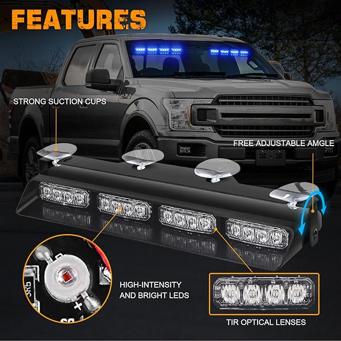 XRIDONSEN Emergency Dash Strobe Lights Safety Flashing Warning Hazard Interior Front/Rear Windshield Deck Split Light Bar w/Suction Cups for Police Ambulance Vehicles Trucks（ 2x14 inch, Blue ）