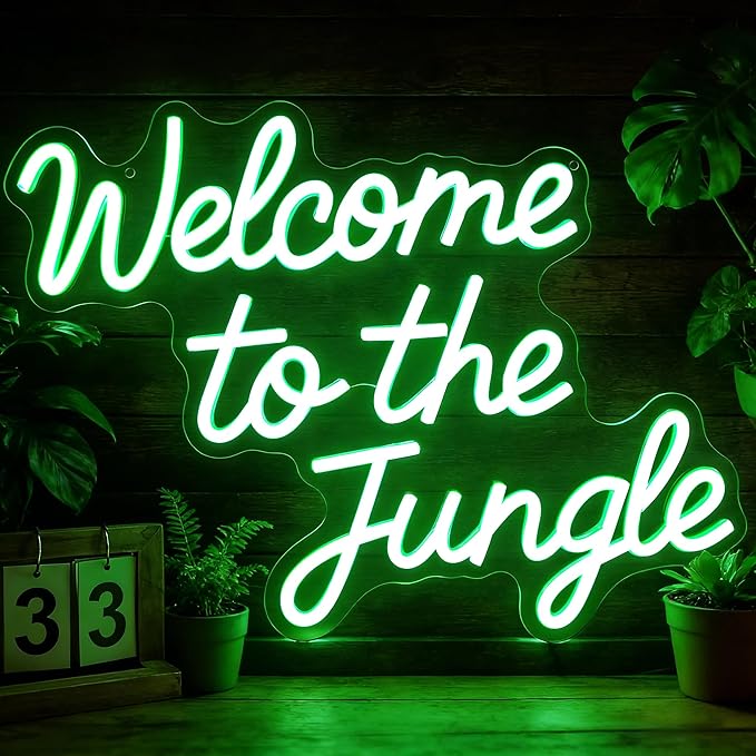 Welcome to the Jungle Neon Sign Green Jungle Decor Dimmable Rainforest Sign | LED Jungle Letter Lights for Rainforest Party,Classroom,Nursery,Home Entryway,Room,Garden Front Porch Decoration, USB Powered