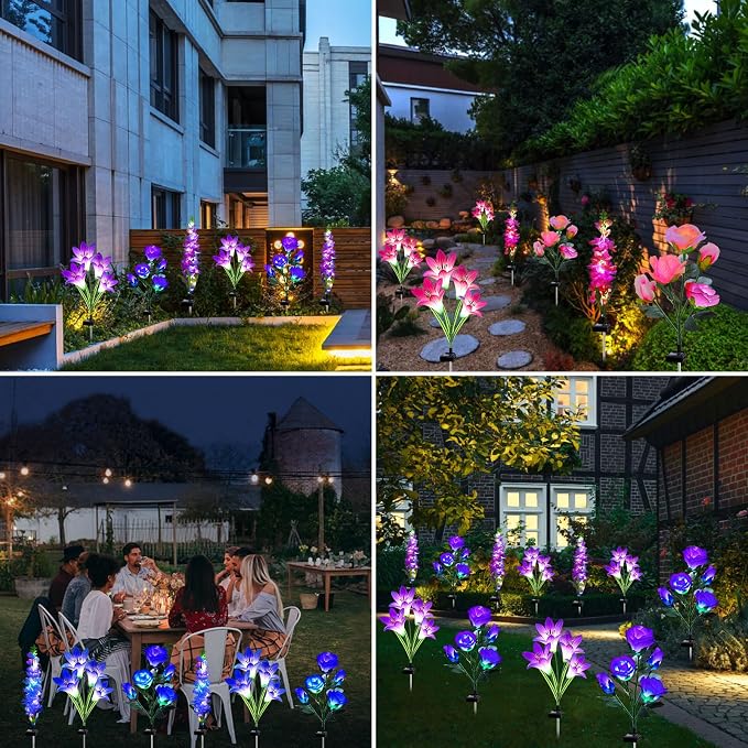 MRHEPHAESTUS Solar Garden Lights Waterproof, 3 Pack Solar Flowers Lights Includes Lily Rose Delphinium, Gardening Gifts for Mom Grandma Women,7-Color Changing Outdoor Decor for Garden Yard Patio Lawn