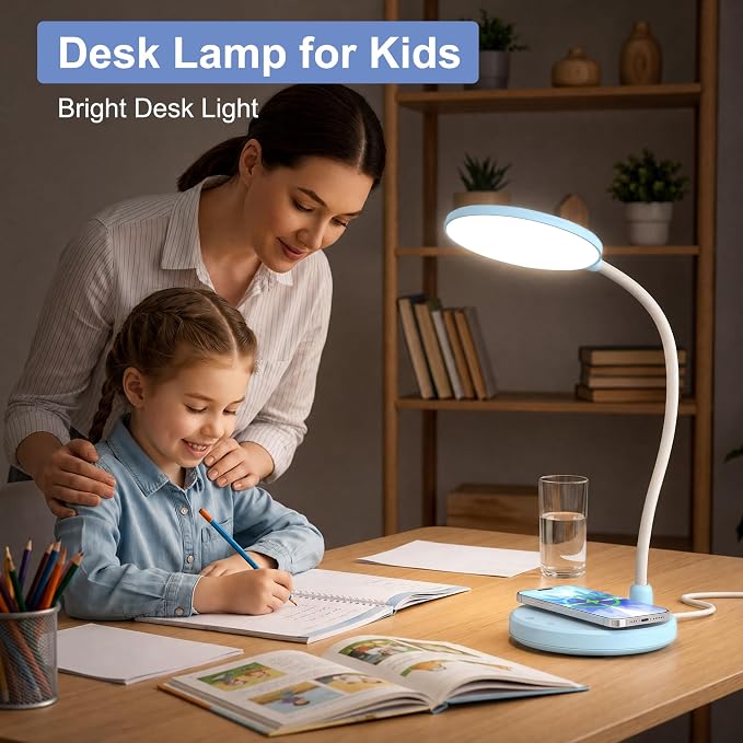 Blue Desk Lamp, Table Lamp with Wireless Charger, 800LM, CRI95+ | 3 Color Modes, Stepless Dimming, Small Desk Lamp with Adjustable Neck, Desk Light for Reading, Bedside, Dorm, with Adapter