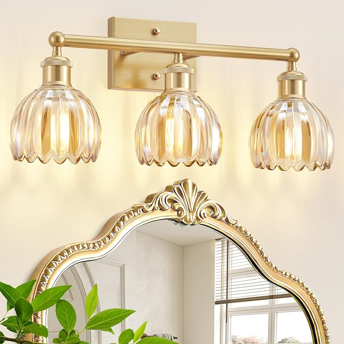 Bathroom Vanity Light 3 Light, 20 in Brushed Brass Bathroom Light Fixtures, Vintage Wall Sconces,Bath Vanity Lights Over Mirror with Amber Tulip Glass Shade for Bedroom Living Room,E26 Base