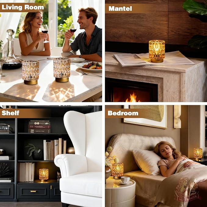 Battery Operated Table Lamp Timer, Small Cordless Lamps Decorative, 2 Amber | Mini Crystal Lamp for Area No Plug, LED Battery Powered Lamps Wireless, Glass Accent Light for Bathroom Fireplace Shelf Decor