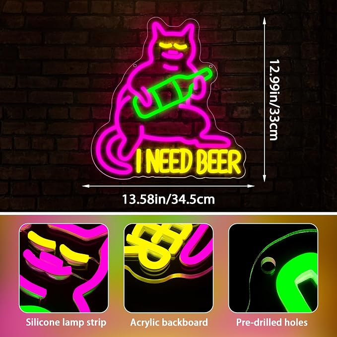 I Need Beer Neon Sign for Wall Decor Drinking Beer Neon Light for Man Cave | Dimmable LED Neon,Drinker Birthday Beer Gifts,Led 5V USB Powered,Bar,Pub,Bistro,Party Decor,Business Wall Art,13.3*14.1in