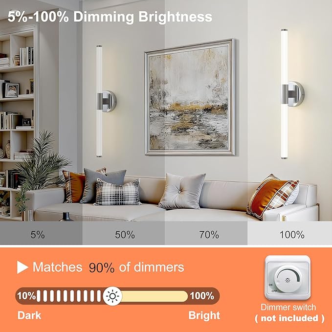 Bathroom Vanity Lights Chrome Dimmable LED 360° Full Lighting Bathroom Light Fixtures Over Mirror 23 inch Vanity Light Bar Hardwired Modern Wall Sconce 4000K Light for Bedroom Living Room