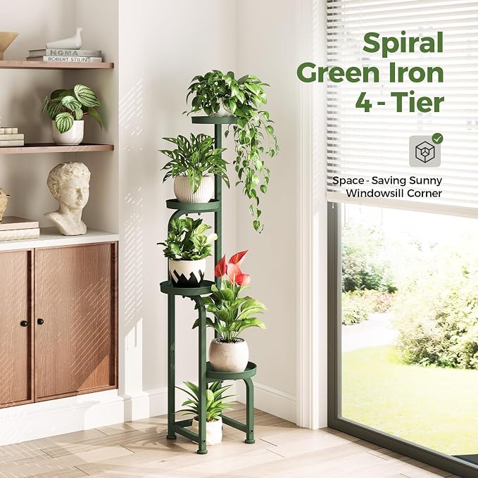 Bamworld Corner Plant Stand Indoor Outdoor Tall Metal Flower Pot Stands | 4 Tier Dark Green Plant Shelf for Multiple Plants Plant Table for Patio Garden Balcony Living Room Bedroom(Patent Design)