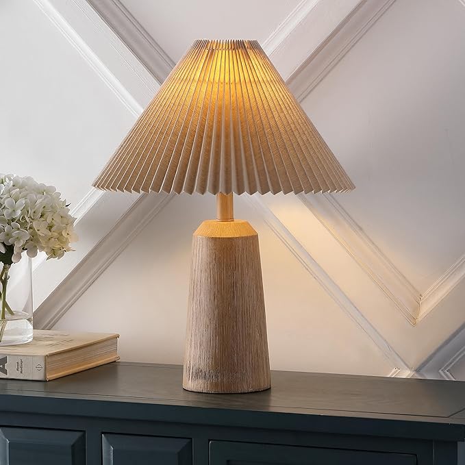 JONATHAN Y 20.5" Beige Wood Finish Rustic Scandinavian Lighthouse LED Table Lamp, Mid-Century Resin Bedside Light with Pleated Linen Shade, LED Bulb Included JYL1146A
