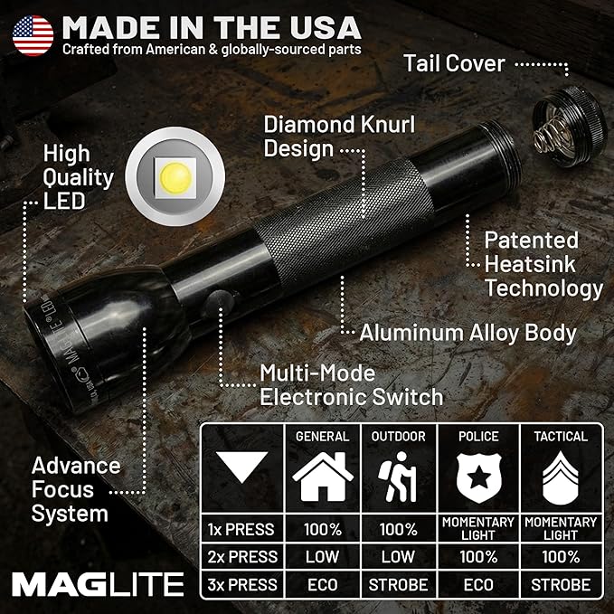 MagLite ML300L LED 4-Cell D Flashlight, Adjustable Focus, Long Battery Life, Water-Resistant, Tactical and Emergency Use – Black