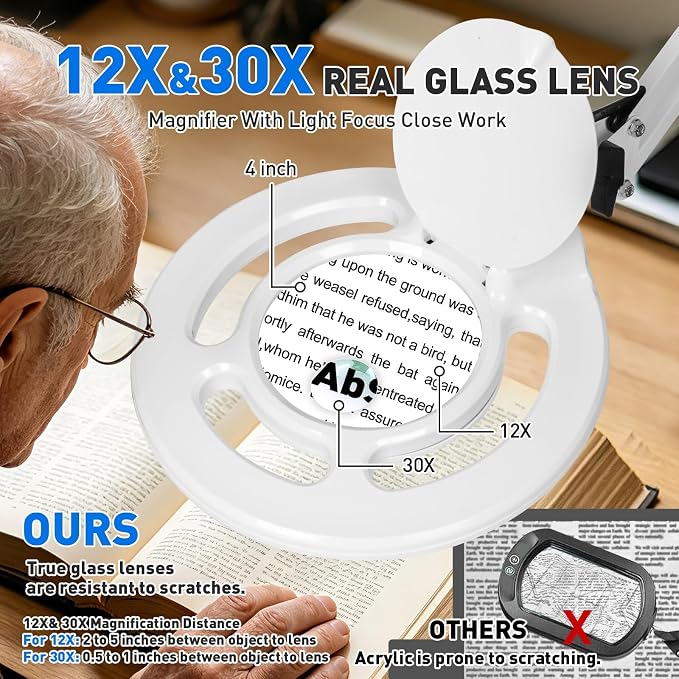 12X 30X Magnifying Glass with Light, KIRKAS 2,200 Lumens LED Magnifier Lamp | with Clamp, Stepless Dimmable Real Glass Lens, Adjustable Arm Workbench Light for Close Work Hobby Repair Craft - White