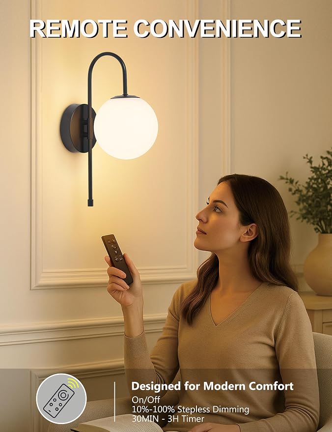 Battery Operated Gooseneck Wall Sconces, Matte Black Globe Glass Set of 2