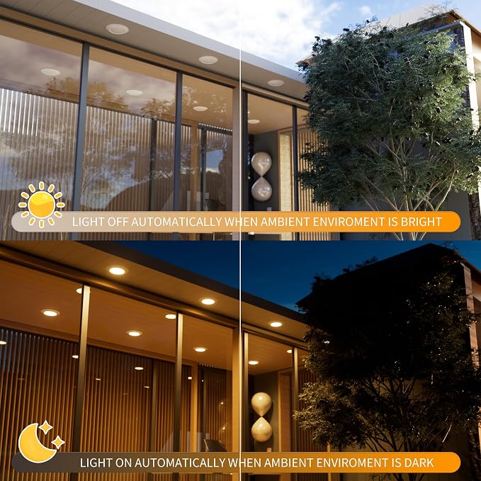 6 Inch LED Low Profile Disk Light with Dusk to Dawn Sensor, 120VAC, 15W, 5CCT Color Changing, 1000LM, Non-Dimmable, ETL, Shower Rated Screw in Photocell Ceiling Light, White/8 Packs