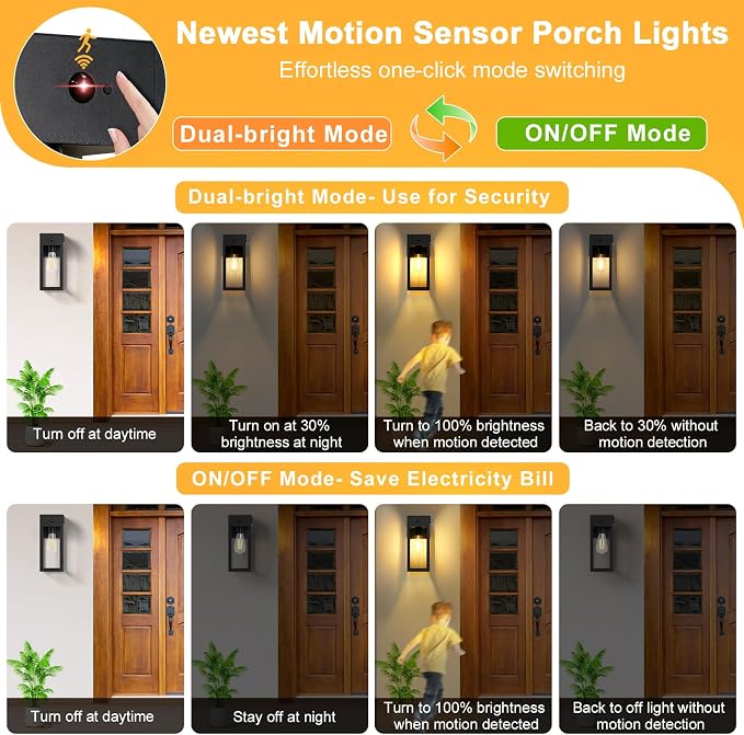 Porch Lights with GFCI Outlet, Motion Sensor Outdoor Lights | Dusk to Dawn, Anti-Rust, Waterproof, Tempered Glass, Easy Installation, E26 Socket, Exterior Lighting for Patio Garage, Black