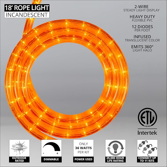 Wintergreen Lighting 18' 216-Bulb Commercial Grade Incandescent Orange Rope Light Kit, Halloween Rope Light, Includes Mounting Clips, 120V, ½ Inch, 2-Wire