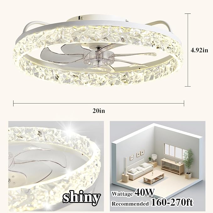 Ceiling Fans with Lights and Remote Fandelier - 20'' Flush Mount Crystal & White Low Profile Modern Ceiling Fans for Bedroom - Stepless Color Temperature and 6 Speeds