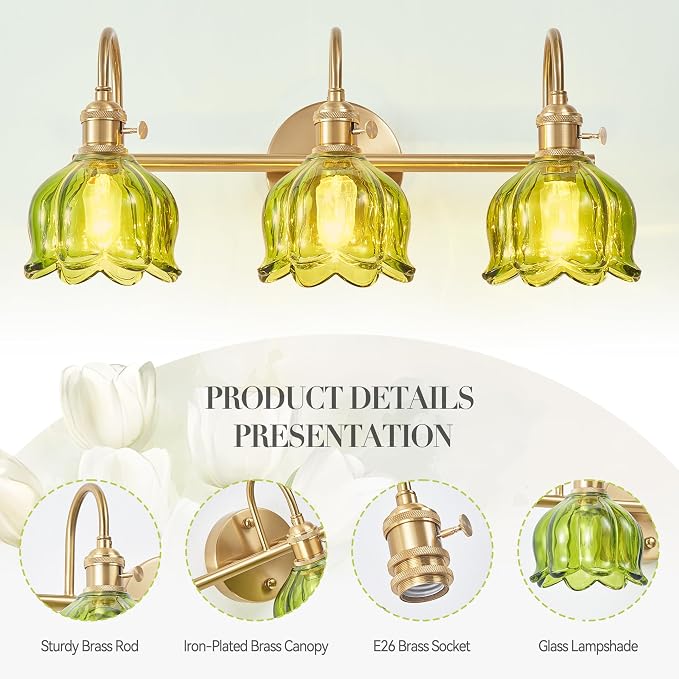 Bathroom Light Fixtures Over Mirror,3-Light Brushed Gold Vanity Lights with Green Tulip Glass Shades,Vanity Lighting Fixtures for Bathroom Bedroom Kitchen Living Room Hallway
