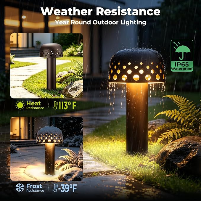 Low Voltage Landscape Pathway Lights, 12V Outdoor Mushroom Decorative Lights, Unique Aluminum Path Lighting with 4W 2700K Replaceable Bulb for Walkway Garden Yard, 6 Pack