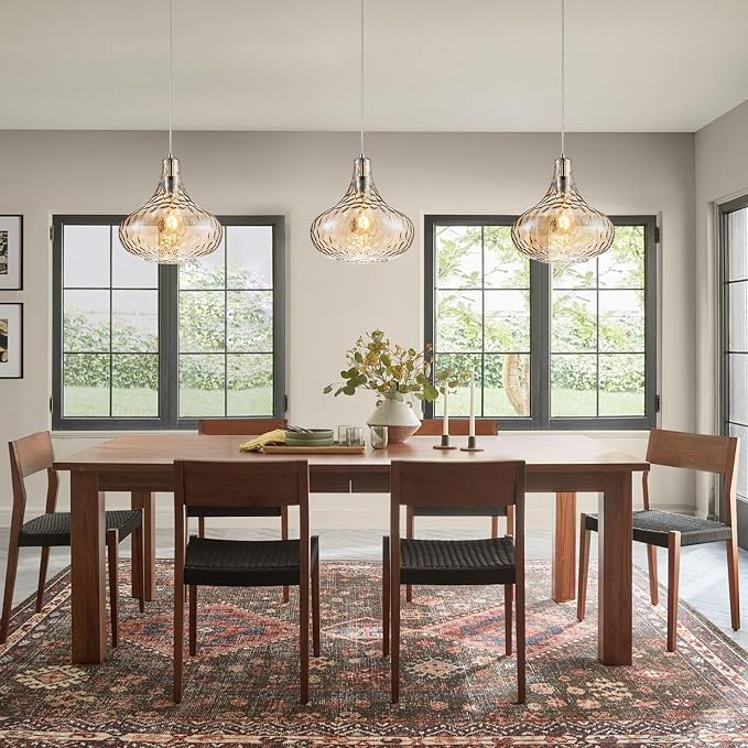 11 Inch Amber Hammered Glass Pendant Light Brushed Nickel Ceiling Lamp | Adjustable height, standard E26 bulb, versatile decor fixture for dining area, kitchen island living room & entry hallway