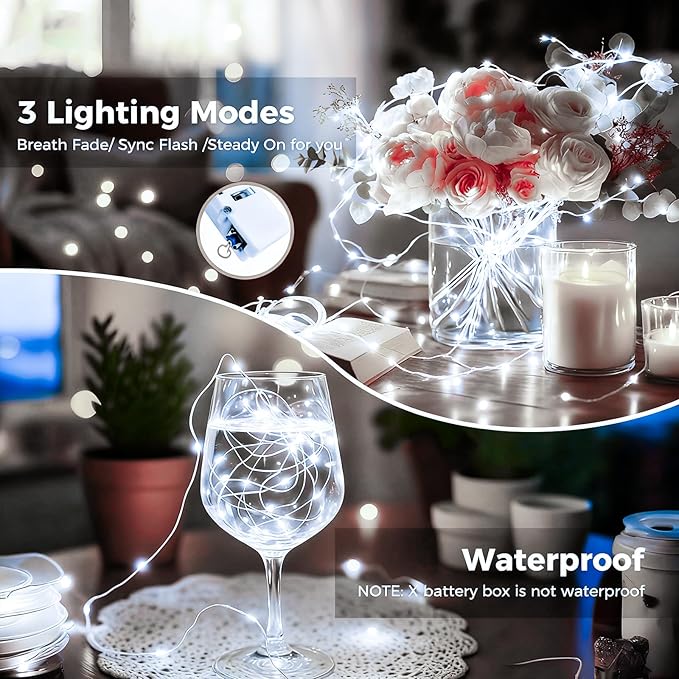 litogo 24 Pack Cool White Fairy Lights Battery Operated with Timer, 20 LED 3 Modes Twinkle Light, 7ft Waterproof Silver Wire Mini Small Bulk Mason Jar String Light, Decor for Wedding Party Christmas