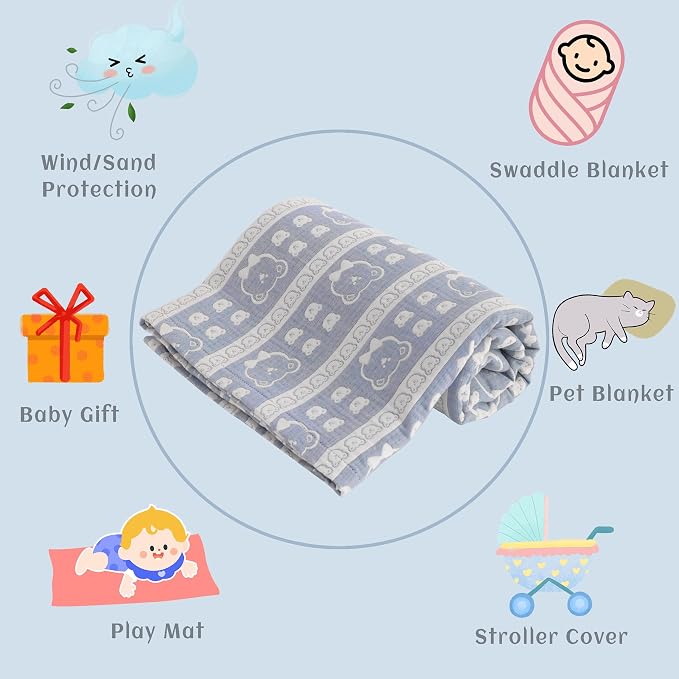 NTBAY 3 Layer Muslin Toddler Blanket, 30 x 40, Blue Bear | Breathable Muslin Cotton Outer Layers with Light Thermal Fill, Reversible for Stroller, Daycare, Travel, and Supervised Use